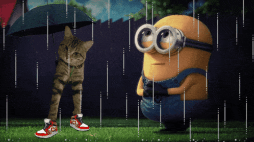 A Cat And A Minion Are Standing In The Rain With An Umbrella GIF