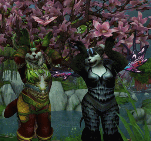 A Cat And A Panda Are Standing Under A Tree With Flowers GIF