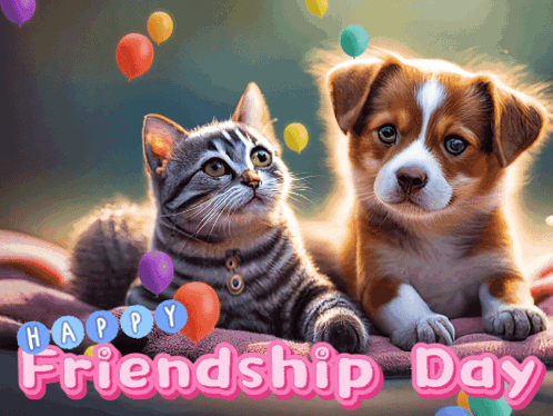 A Cat And A Puppy Are Laying On A Blanket With The Words Happy Friendship Day GIF