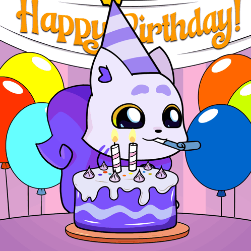 A Cat Blowing Out Candles On A Birthday Cake With Balloons In The Background GIF