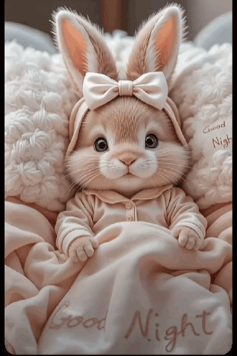 A Cat Dressed As A Bunny Is Laying Under A Blanket With The Words Good Night Written On It GIF
