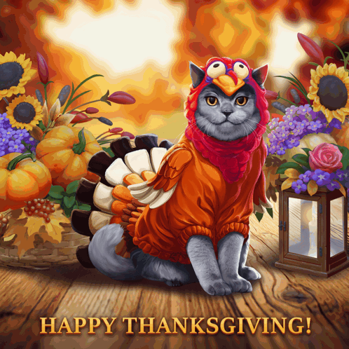 A Cat Dressed As A Turkey Is Sitting On A Wooden Table With The Words Happy Thanksgiving Written Below It GIF