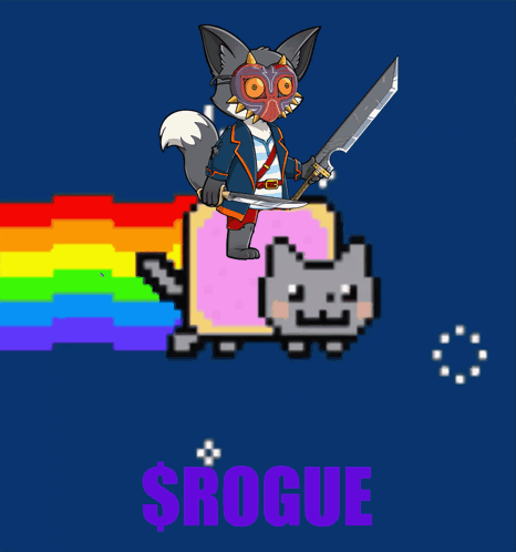 A Cat Holding A Sword Is Riding A Cat With A Rainbow Coming Out Of It And The Word Rogue Below It GIF
