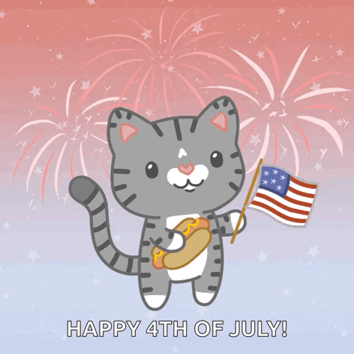 a cat holding an american flag and a hot dog with the words happy 4th of july