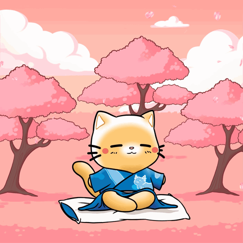 A Cat In A Blue Kimono Sits On A Pillow In Front Of Pink Trees GIF