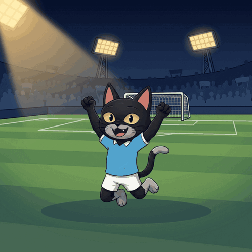 A Cat In A Blue Shirt And Shorts Is Jumping In The Air GIF