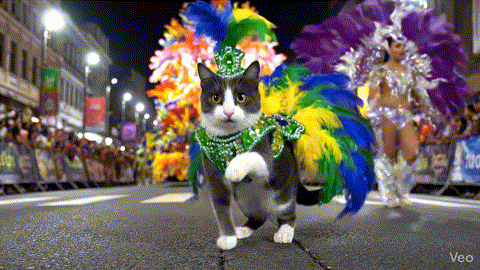 A Cat In A Colorful Costume Is Walking Down A Street In Front Of A Crowd GIF