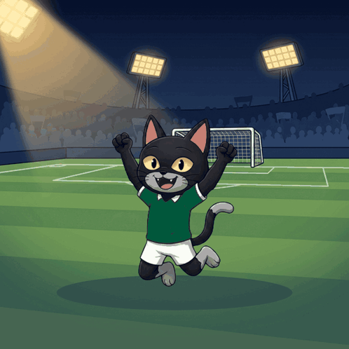a cat in a green shirt and white shorts is jumping in the air