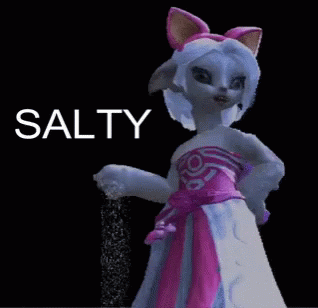 A Cat In A Pink And White Dress Is Sprinkling Salt On A Black Background That Says Salty GIF