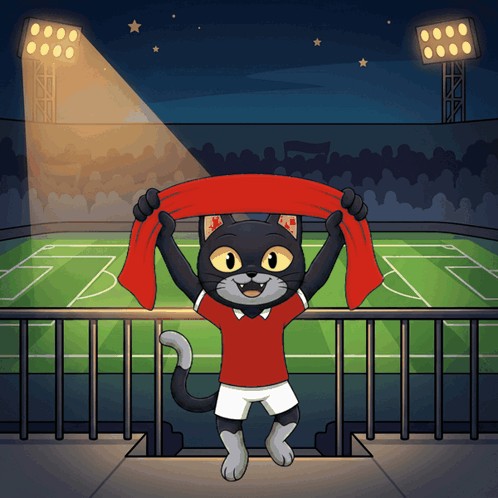 a cat in a red shirt is holding a red scarf in a stadium