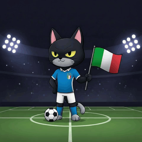 a cat in a soccer uniform holds an italian flag
