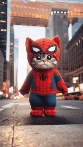 A Cat In A Spiderman Costume Is Standing On A Street GIF