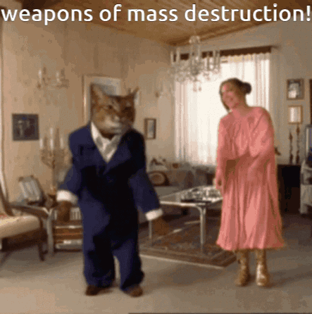 A Cat In A Suit And A Woman In A Pink Dress Dancing In A Living Room With The Caption Weapons Of Mass Destruction GIF