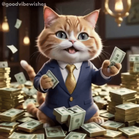 A Cat In A Suit Is Surrounded By Stacks Of Money GIF