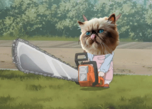A Cat In Overalls Is Holding A Chainsaw In Its Paws GIF