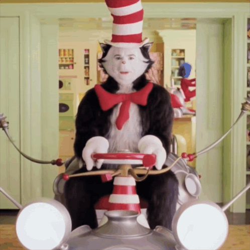 a cat in the hat is sitting on a chair with a steering wheel