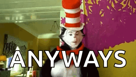a cat in the hat is standing in front of a wall with the words anyways written on it .