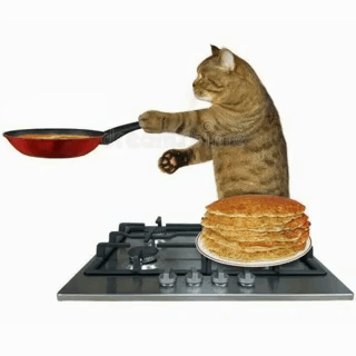A Cat Is Cooking Pancakes On A Stove With A Stack Of Pancakes On A Plate . GIF