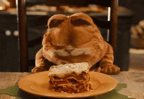 A Cat Is Eating A Slice Of Lasagna GIF