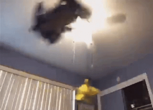 a cat is flying through the air in a room .