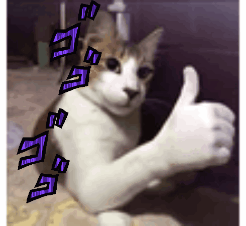 A Cat Is Giving A Thumbs Up Sign With Purple Letters On It GIF