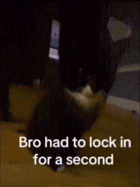 A Cat Is Glowing In The Dark With The Words Bro Had To Lock In For A Second Written Below It . GIF