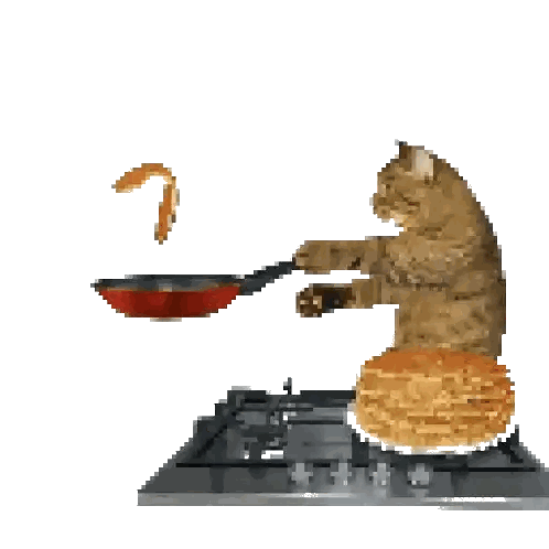 a cat is holding a frying pan over a pancakes