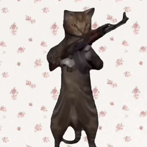 A Cat Is Holding A Gun Over Its Shoulder Against A Floral Background GIF