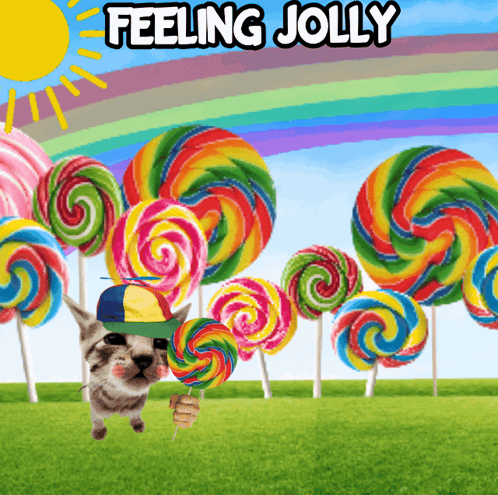 A Cat Is Holding A Lollipop In Front Of A Field Of Lollipops With The Words Feeling Jolly Above It GIF