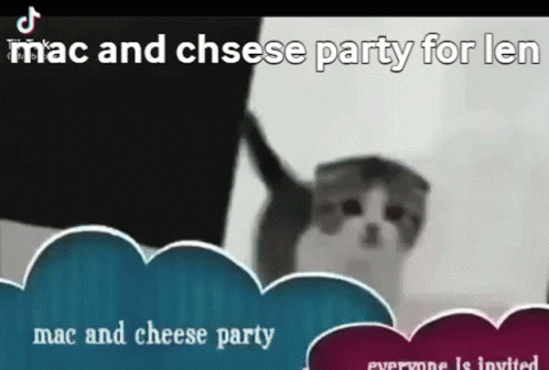 A Cat Is Holding A Sign That Says Mac And Cheese Party For Less Mac And Cheese Party Everyone Is Invited GIF