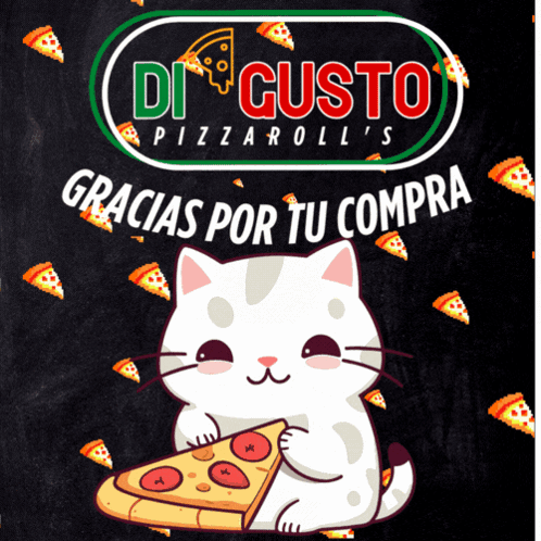 A Cat Is Holding A Slice Of Pizza In Front Of A Di Gusto Pizza Roll 'S Logo GIF