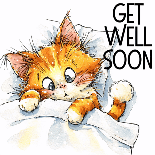 a cat is laying on a bed with the words get well soon behind it