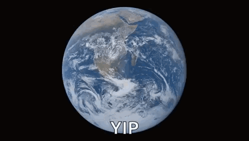 A Cat Is Looking At The Earth With The Words Yip Written In Front Of It GIF