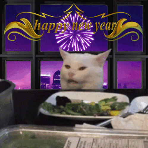 A Cat Is Looking Out A Window At Fireworks With The Words Happy New Year Above It GIF