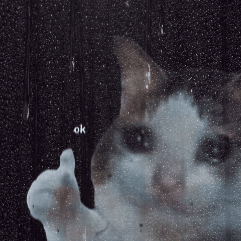A Cat Is Looking Through A Window With The Word Ok Written On It GIF