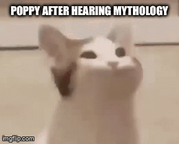 A Cat Is Looking Up At The Camera With The Words Poppy After Hearing Mythology Above It . GIF