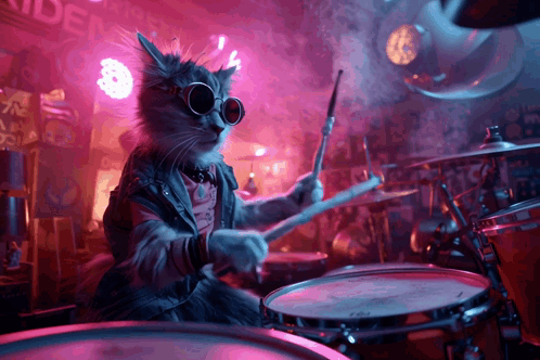 A Cat Is Playing Drums In Front Of A Sign That Says Riders GIF