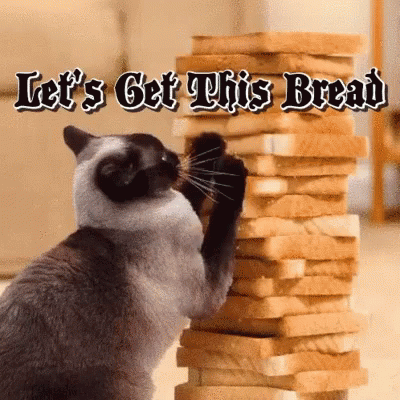 A Cat Is Playing With A Stack Of Bread And The Words Let 'S Get This Bread Are Above It GIF