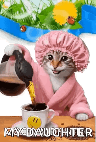 A Cat Is Pouring Coffee Into A Cup With A Smiley Face On It . GIF