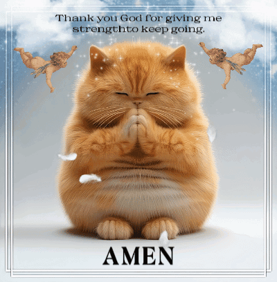 A Cat Is Praying With The Words Thank You God For Giving Me Strength To Keep Going Behind It GIF
