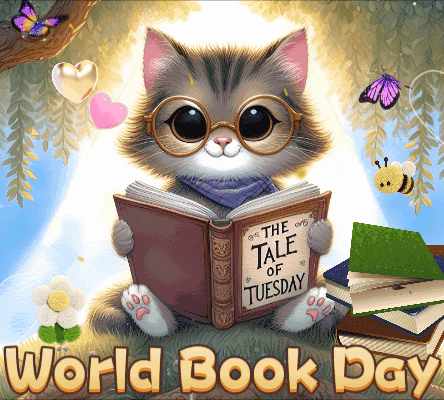 A Cat Is Reading The Tale Of Tuesday On World Book Day GIF