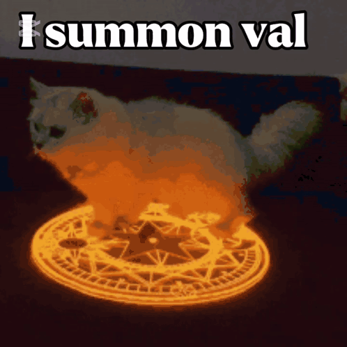 A Cat Is Sitting In A Magical Circle With The Words " I Summon Val " On The Bottom GIF