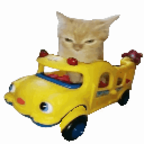 A Cat Is Sitting In A Yellow Toy Bus GIF