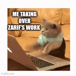 A Cat Is Sitting In Front Of A Laptop With The Caption Me Taking Over Zarif 'S Work GIF