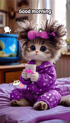 A Cat Is Sitting On A Bed Holding A Cup Of Coffee And Saying Good Morning GIF