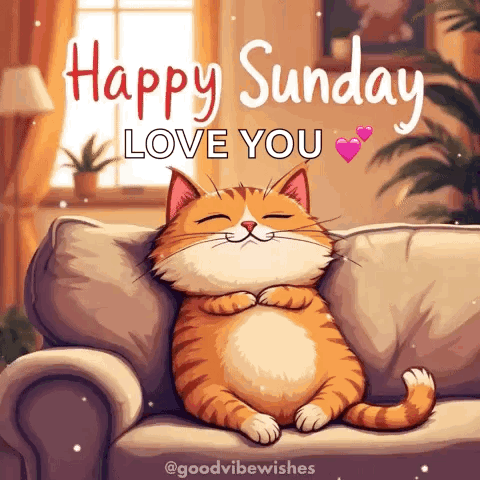 A Cat Is Sitting On A Couch With The Words `` Happy Sunday Love You '' Written On It . GIF