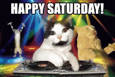 A Cat Is Sitting On A Turntable With The Words Happy Saturday In The Background GIF
