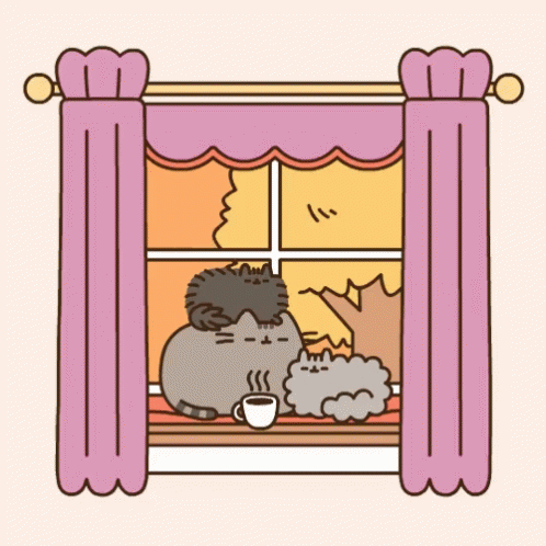 A Cat Is Sitting On A Window Sill With A Cup Of Coffee And A Dog . GIF