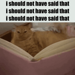 A Cat Is Sitting On Top Of An Open Book With The Words I Should Not Have Said That Written Below It . GIF