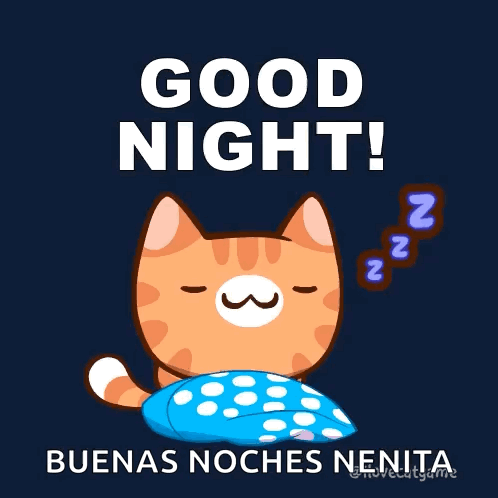 A Cat Is Sleeping On A Blue Pillow With The Words Good Night In White Letters GIF